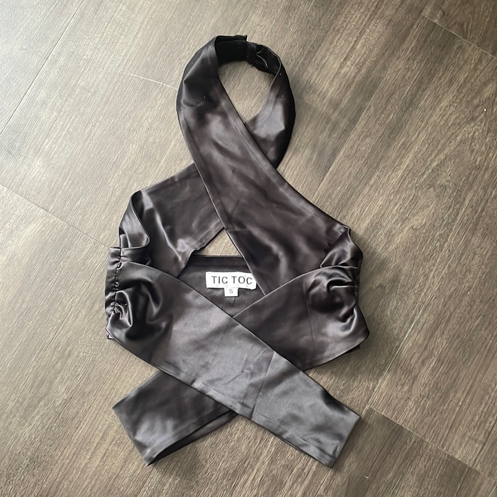 TicToc Black Satin Wrap Top
